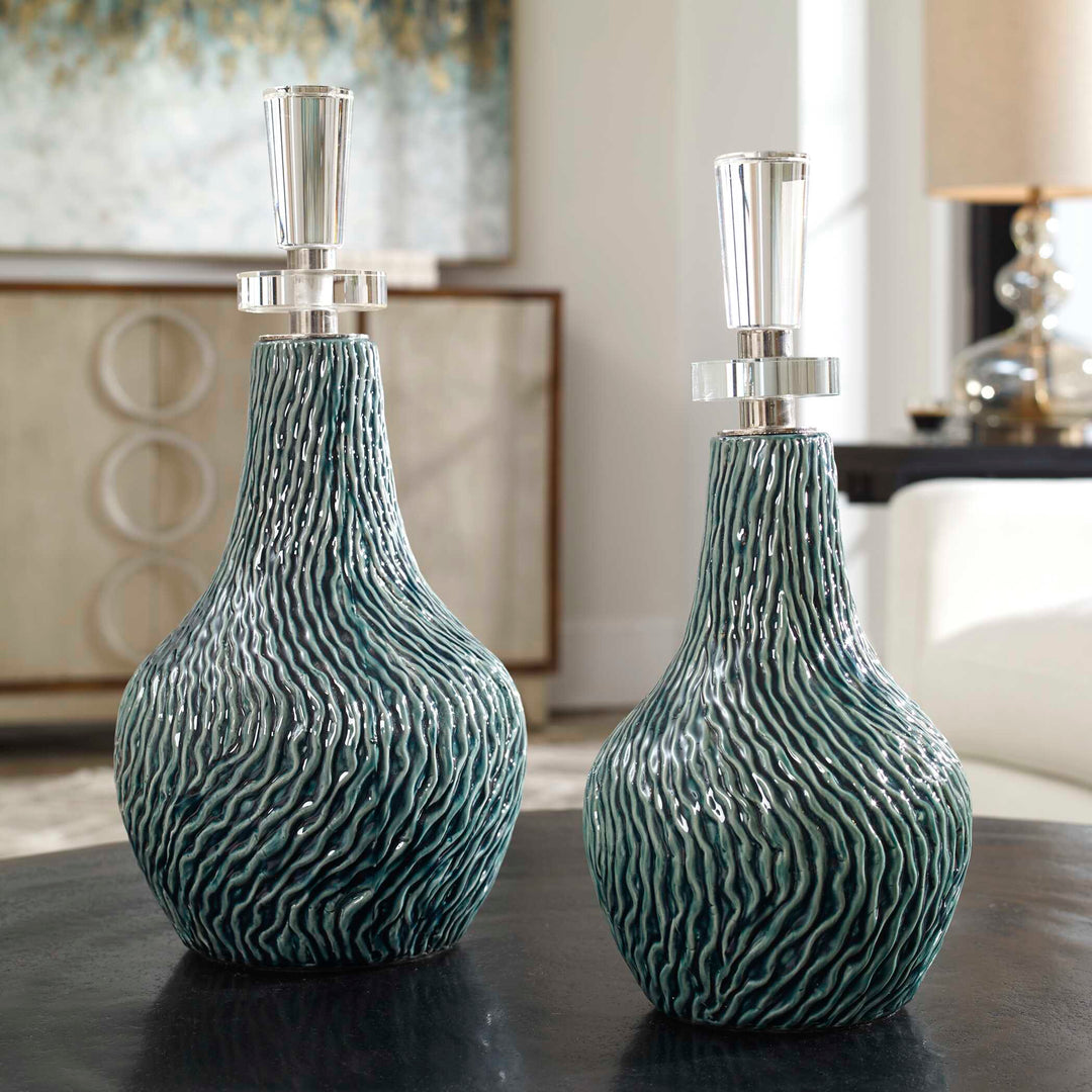 American Home Furniture Uttermost Almera Dark Teal Bottles, Set of 2