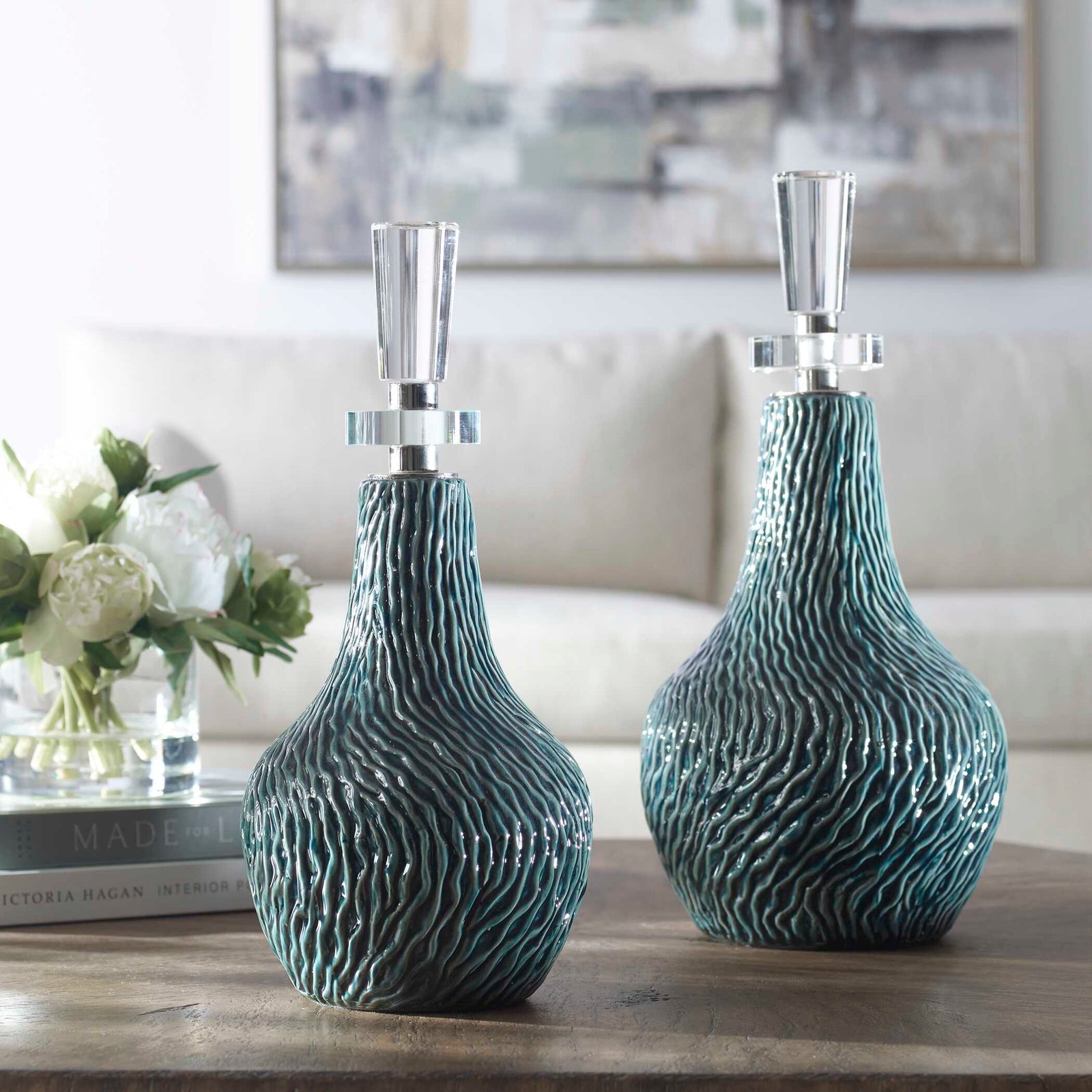 American Home Furniture Uttermost Almera Dark Teal Bottles, Set of 2