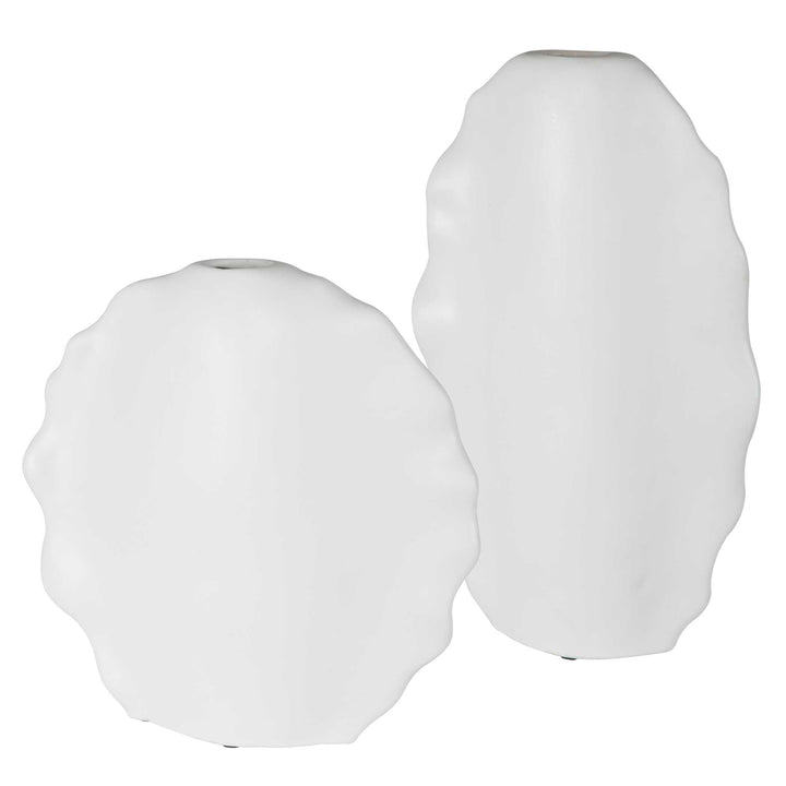 American Home Furniture Uttermost Ruffled Feathers Modern White Vases, Set of 2