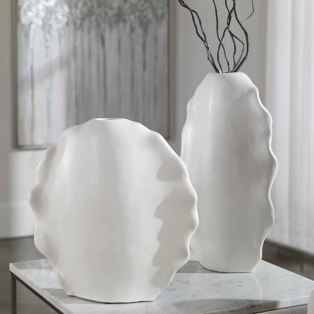 American Home Furniture Uttermost Ruffled Feathers Modern White Vases, Set of 2