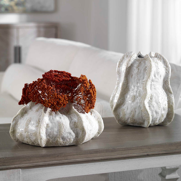 American Home Furniture Uttermost Urchin Textured Ivory Vases, Set of 2