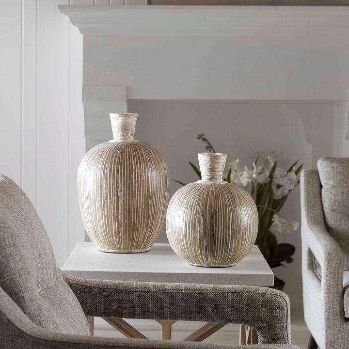 American Home Furniture Uttermost Islander White Washed Vases Set of 2