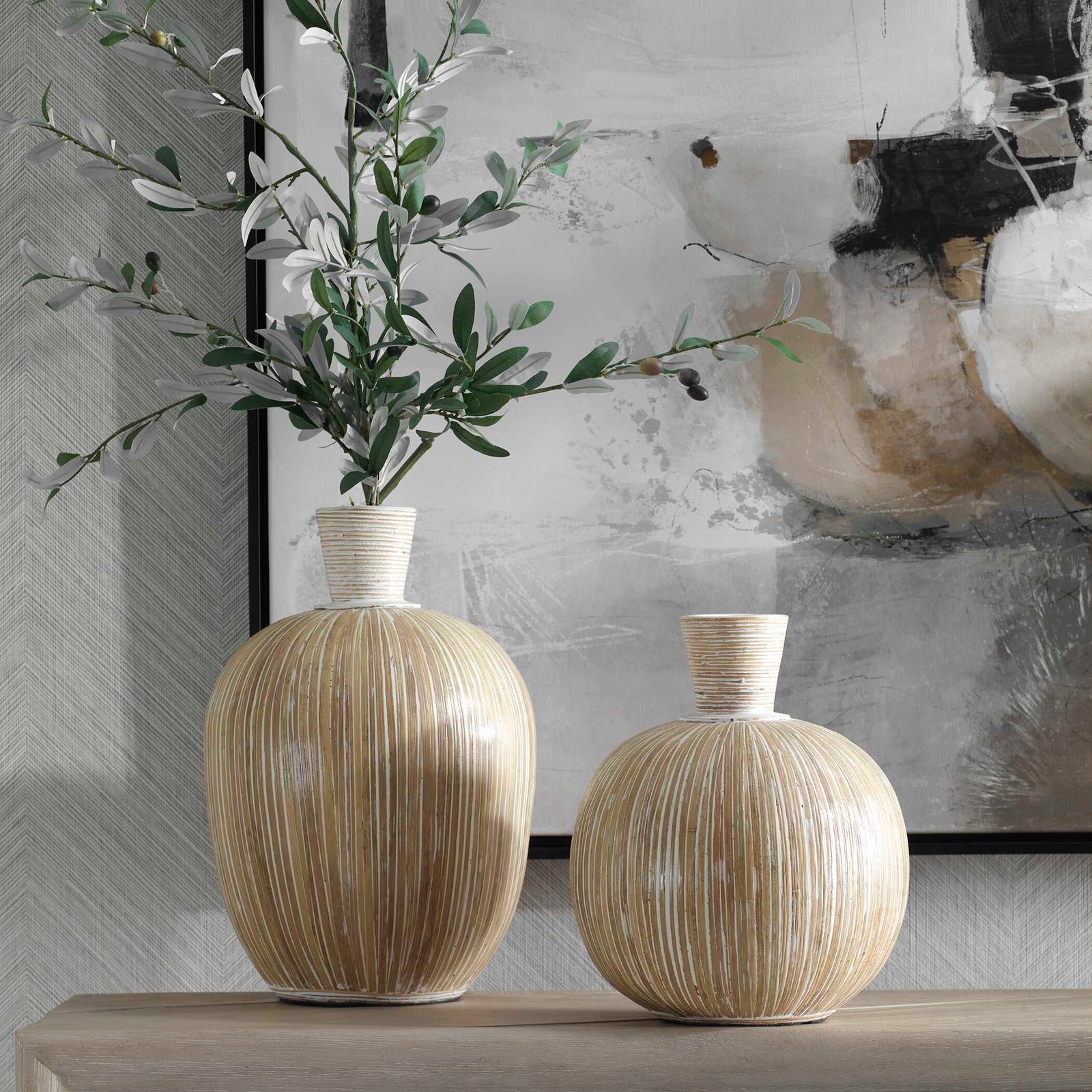 American Home Furniture Uttermost Islander White Washed Vases Set of 2