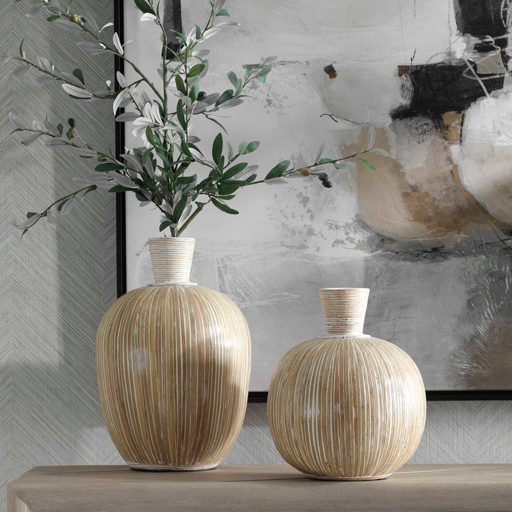 American Home Furniture Uttermost Islander White Washed Vases Set of 2