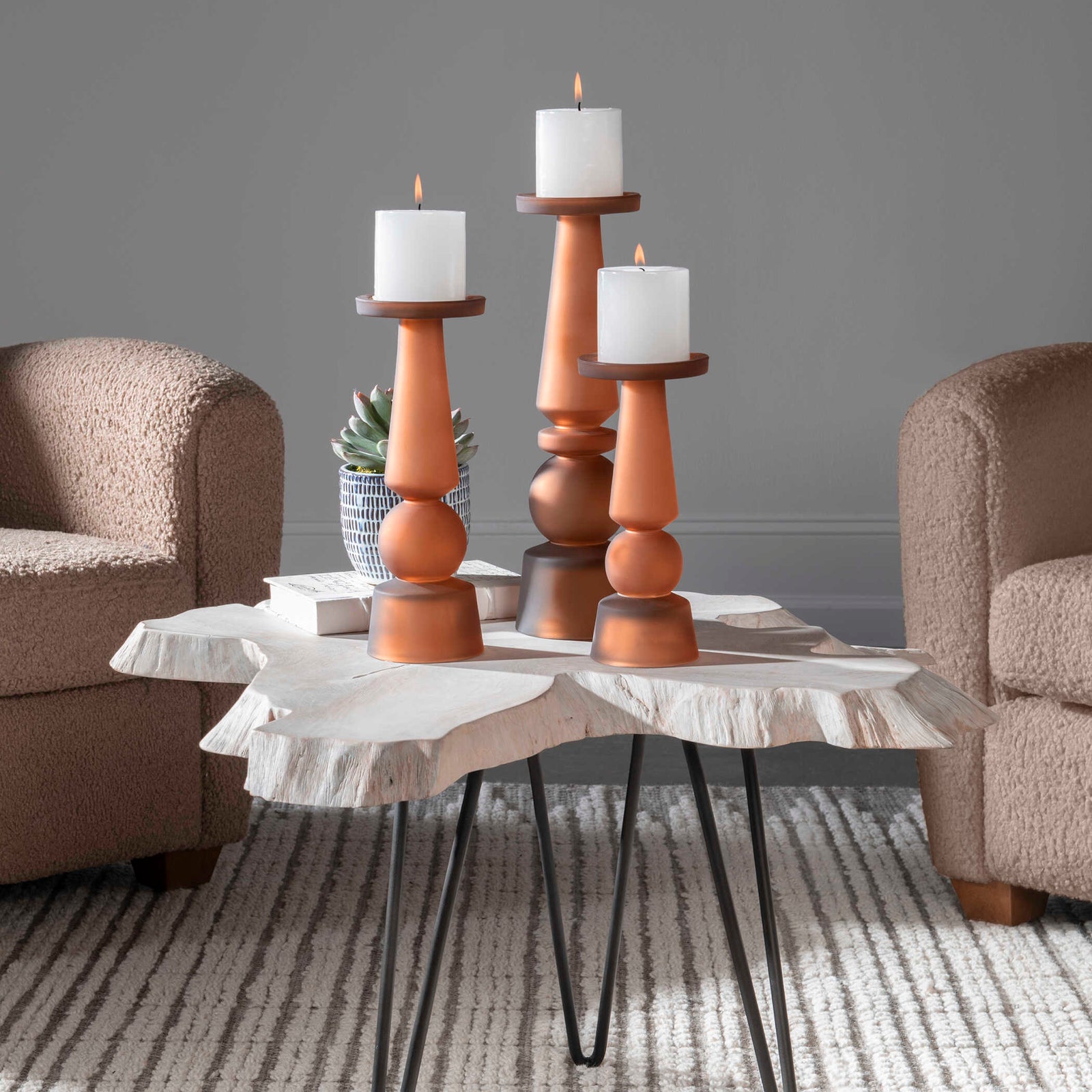 American Home Furniture Uttermost Cassiopeia Butter Rum Glass Candleholders Set of 3