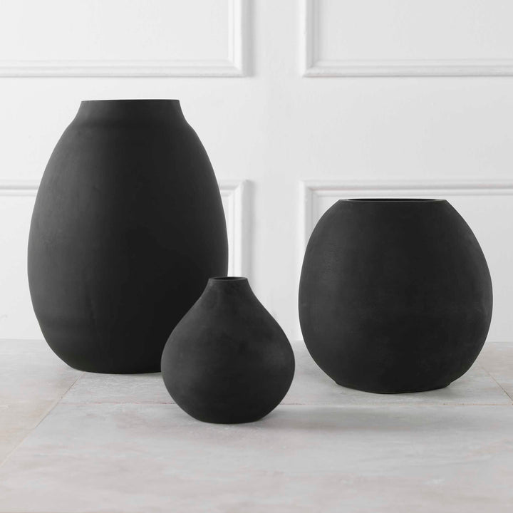 American Home Furniture Uttermost Hearth Matte Black Vases, Set/3