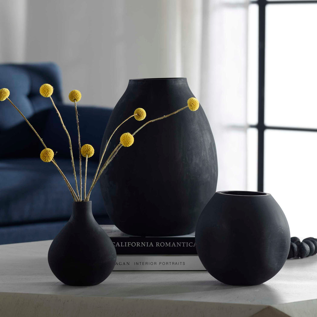 American Home Furniture Uttermost Hearth Matte Black Vases, Set/3