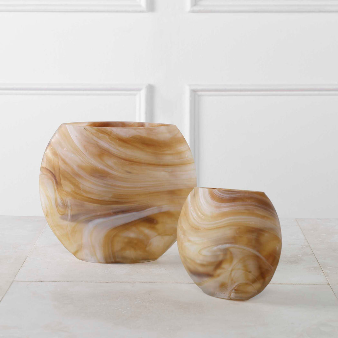 American Home Furniture Uttermost Fusion Swirled Caramel & Ivory Vases, Set/2
