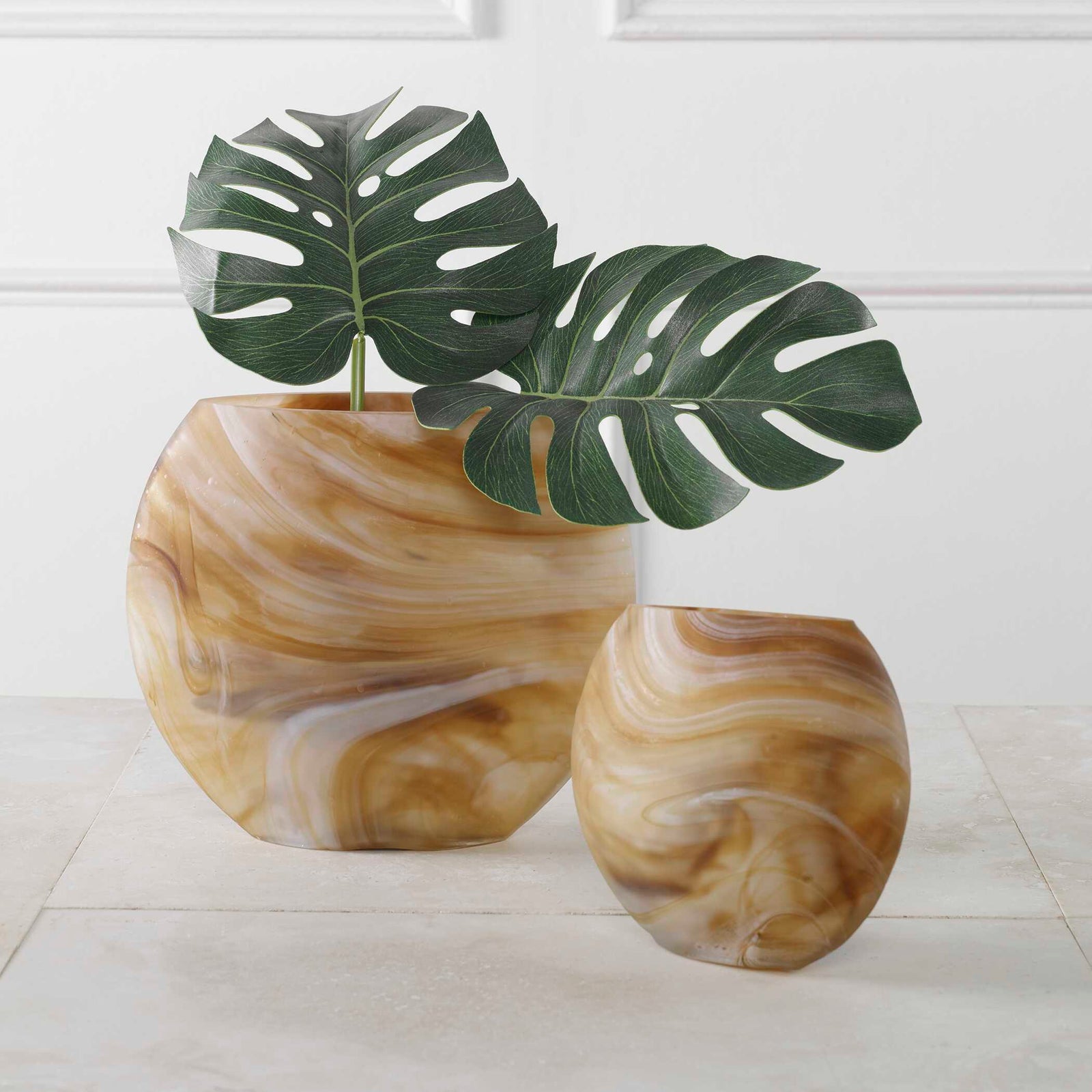 American Home Furniture Uttermost Fusion Swirled Caramel & Ivory Vases, Set/2