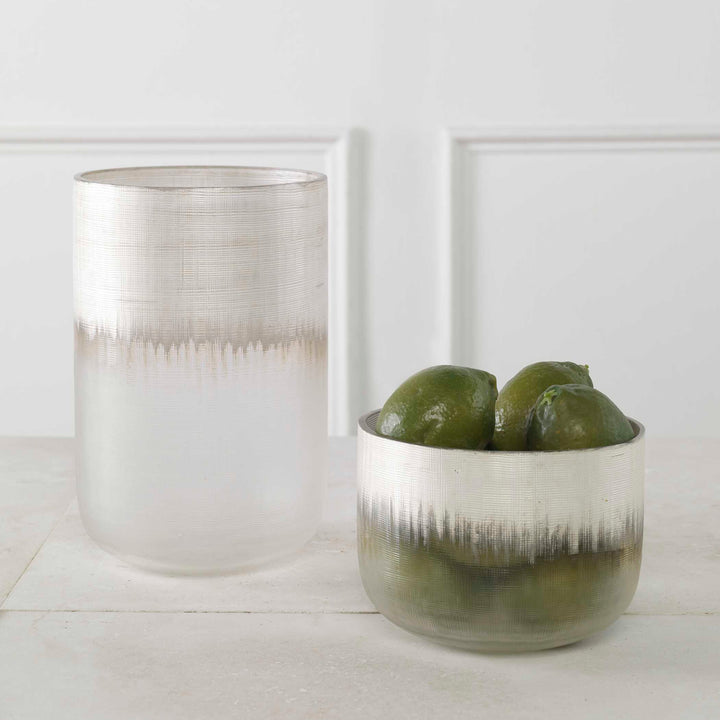 American Home Furniture Uttermost Frost Silver Drip Glass Vases, Set/2
