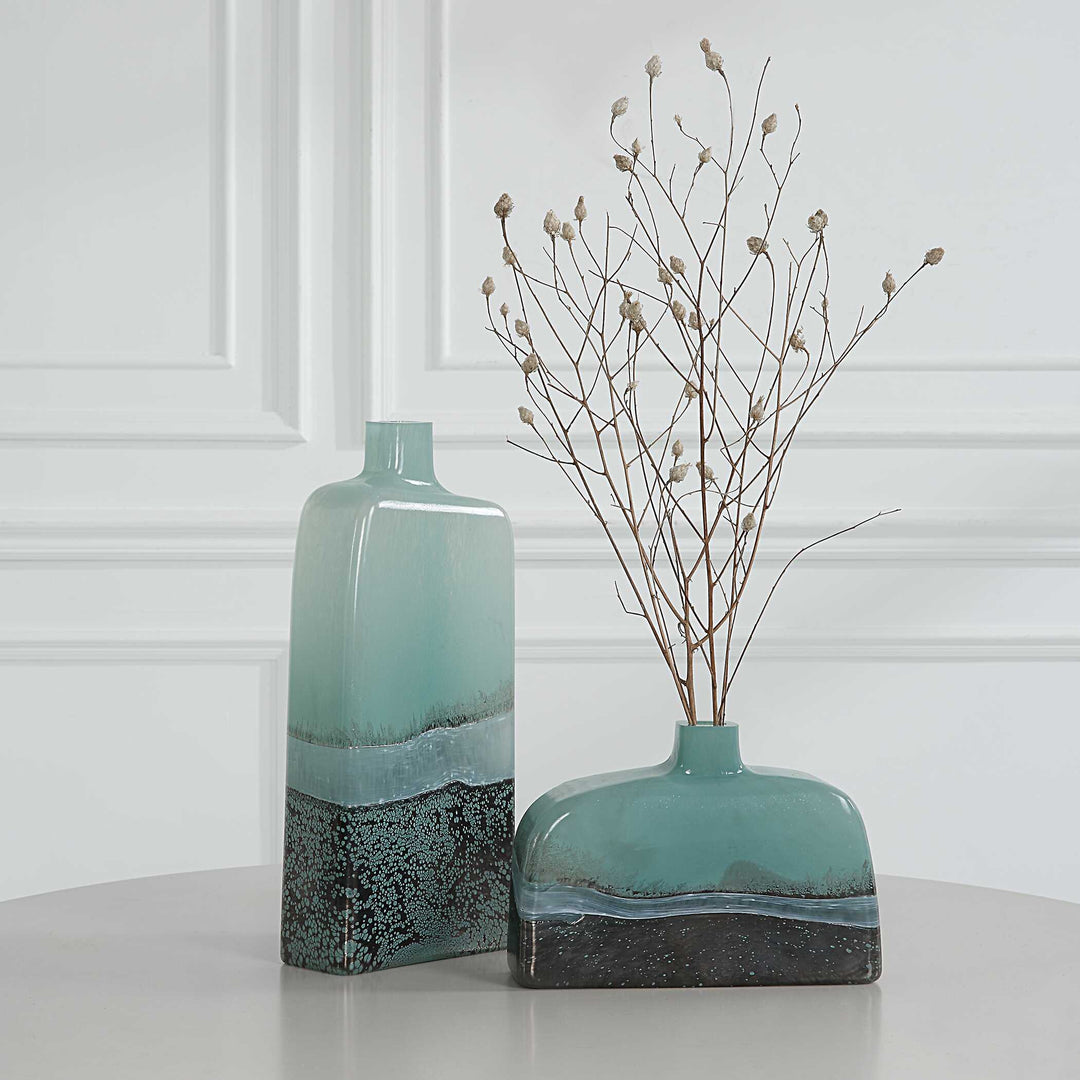 American Home Furniture Uttermost Fuze Aqua & Bronze Vases Set Of 2