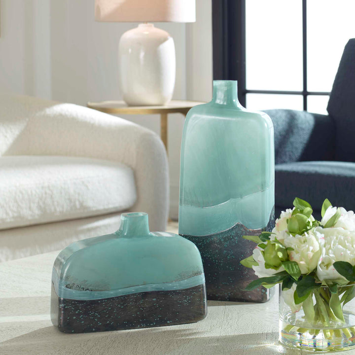 American Home Furniture Uttermost Fuze Aqua & Bronze Vases Set Of 2