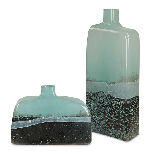 American Home Furniture Uttermost Fuze Aqua & Bronze Vases Set Of 2