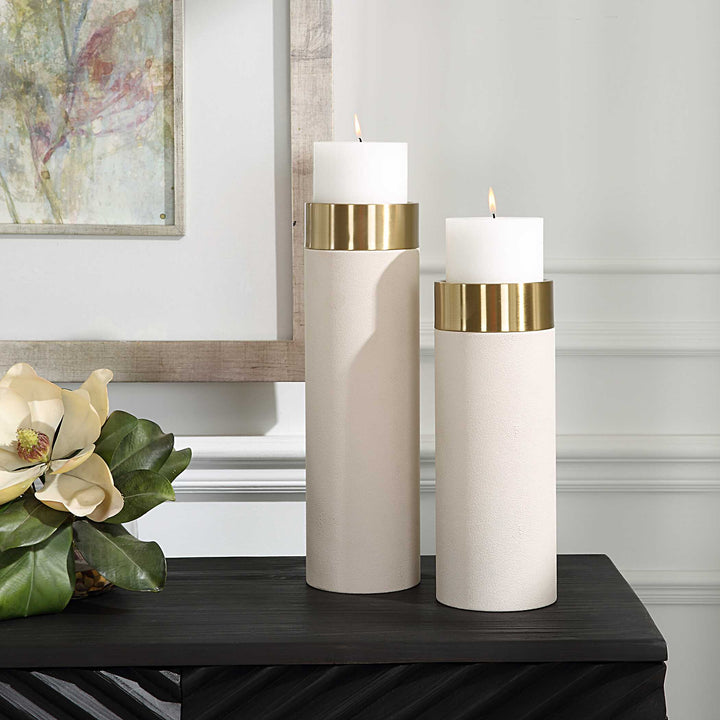 American Home Furniture Uttermost Wessex White Pillar Candleholders Set Of 2