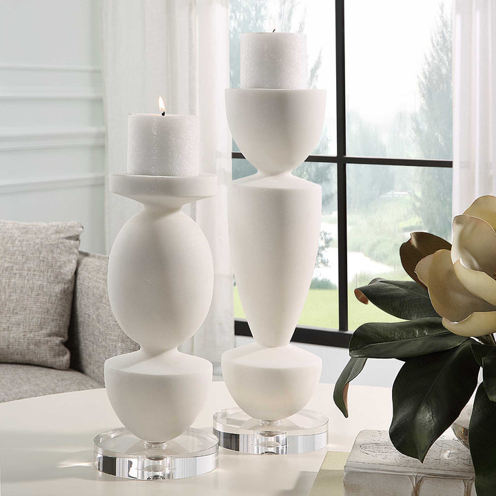 American Home Furniture Uttermost Lido White Stone Candleholders Set of 2
