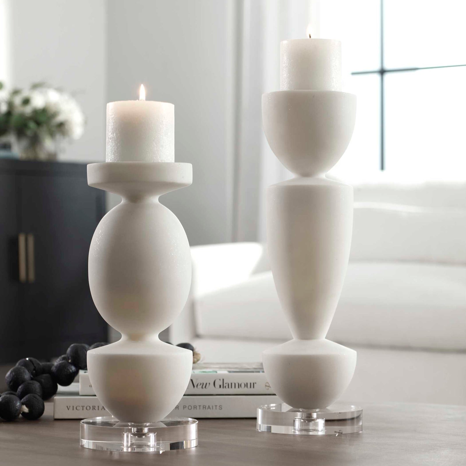 American Home Furniture Uttermost Lido White Stone Candleholders Set of 2
