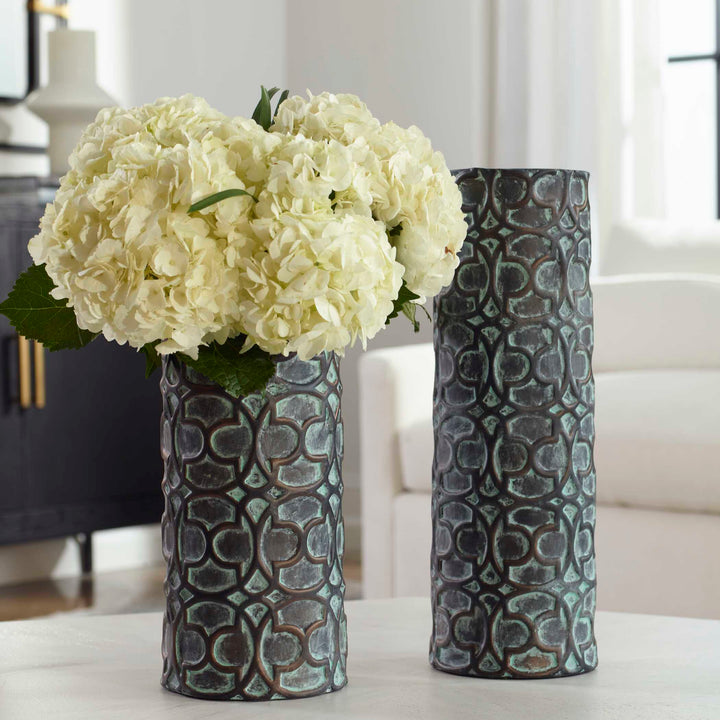 American Home Furniture Uttermost Baltra Bronze Patina Vases Set of 2