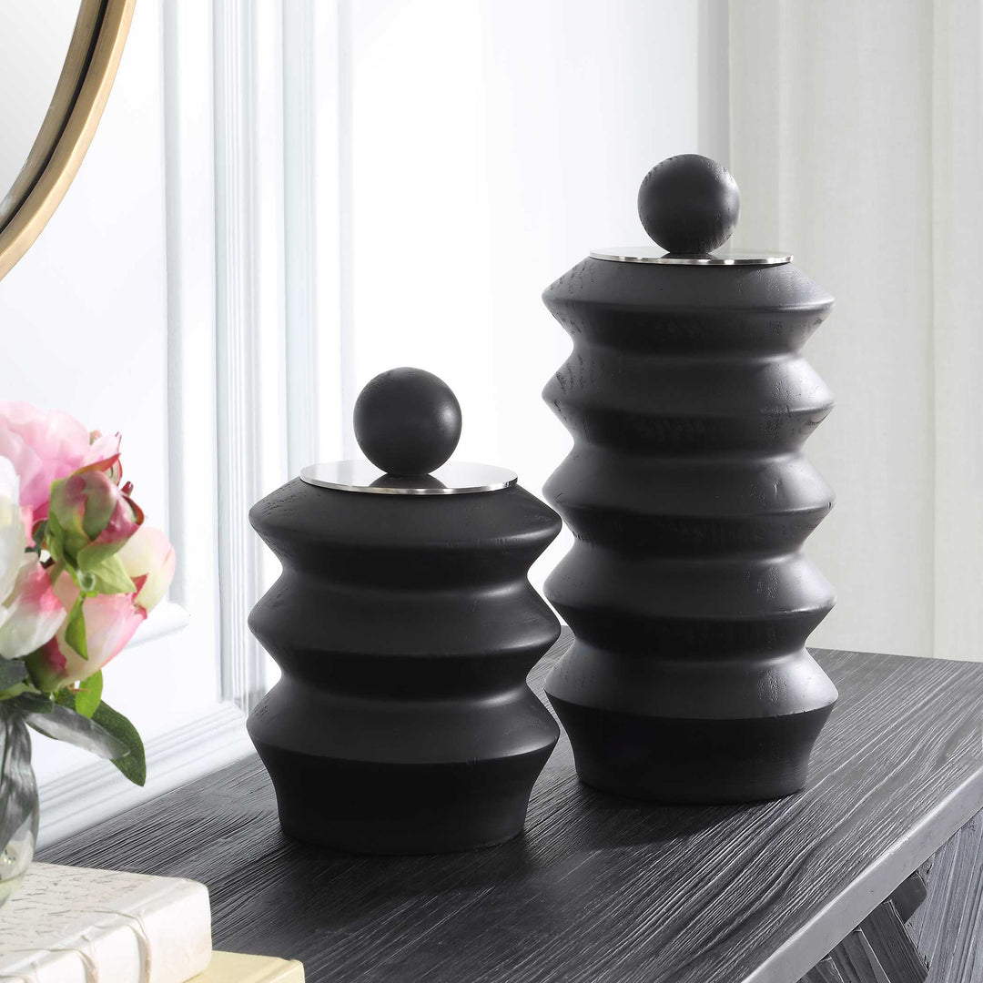 American Home Furniture Uttermost Accordion Black Wood Containers Set of 2