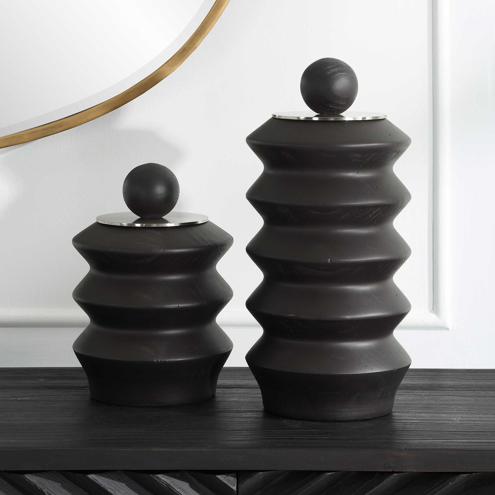 American Home Furniture Uttermost Accordion Black Wood Containers Set of 2