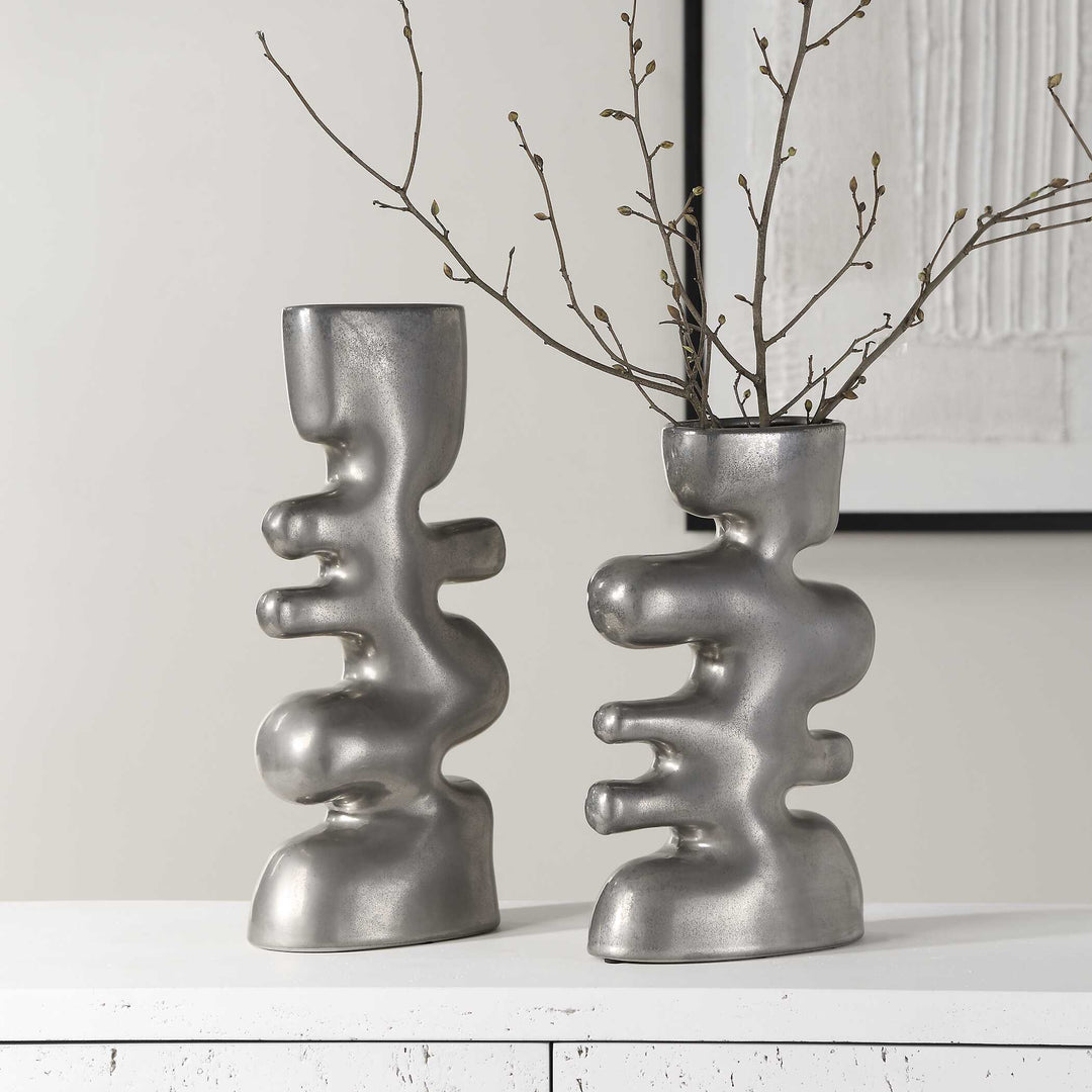 American Home Furniture Uttermost Free Flowing Nickel Vases Set of 2