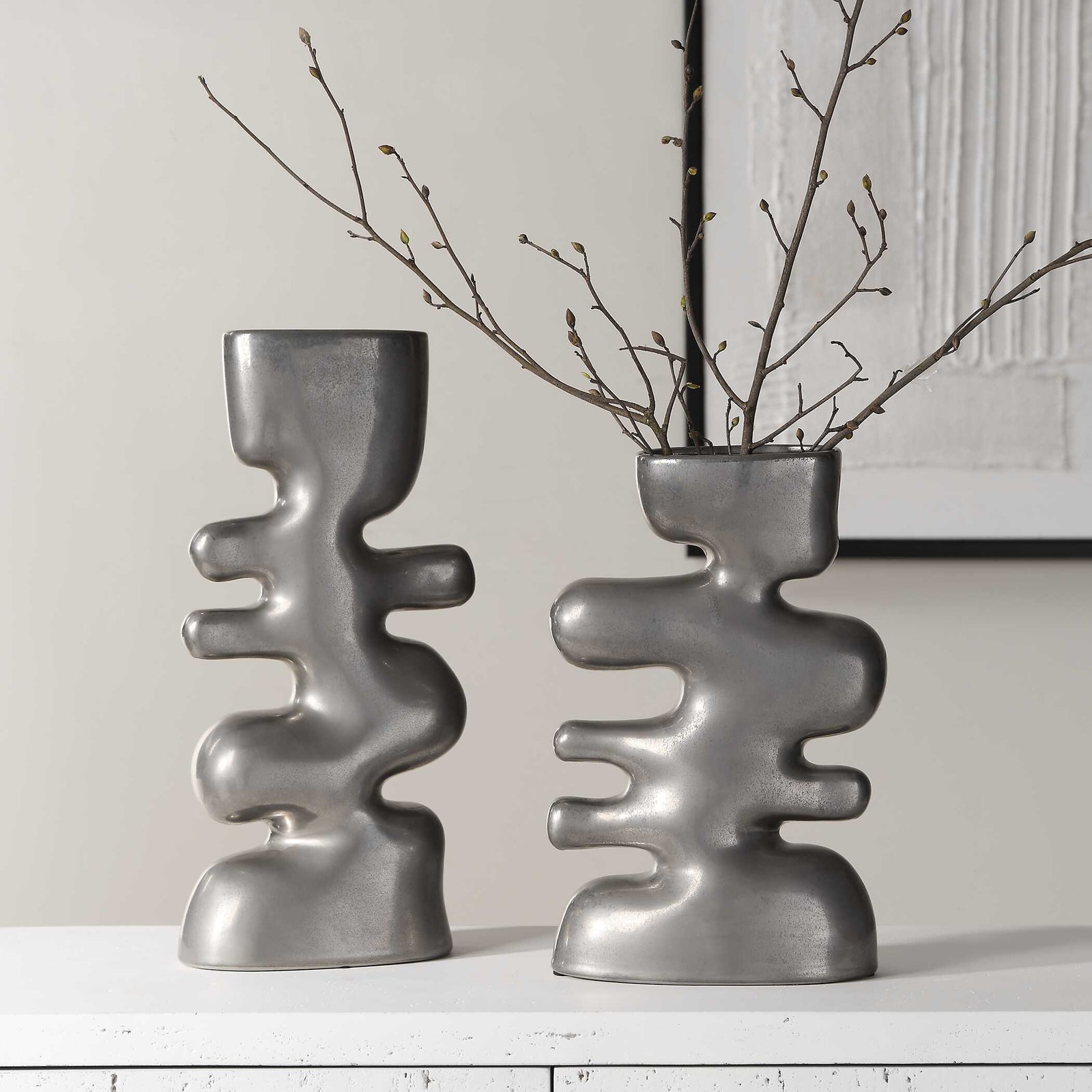 American Home Furniture Uttermost Free Flowing Nickel Vases Set of 2