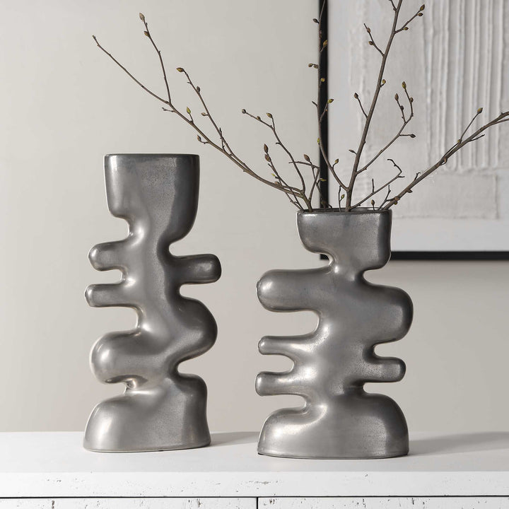 American Home Furniture Uttermost Free Flowing Nickel Vases Set of 2