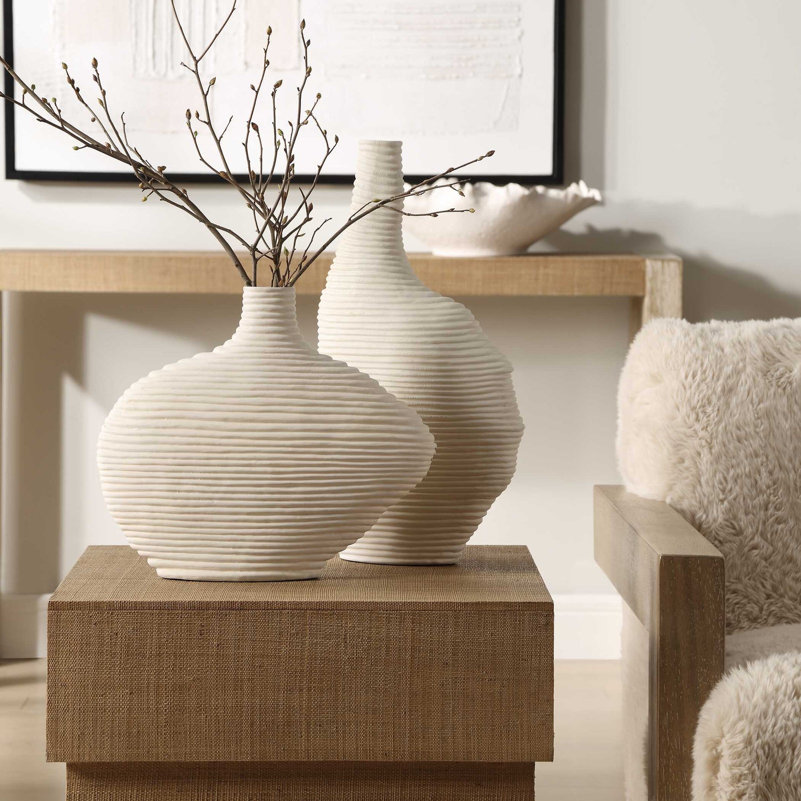 American Home Furniture Uttermost Duostacked Matte White Vases, S/2