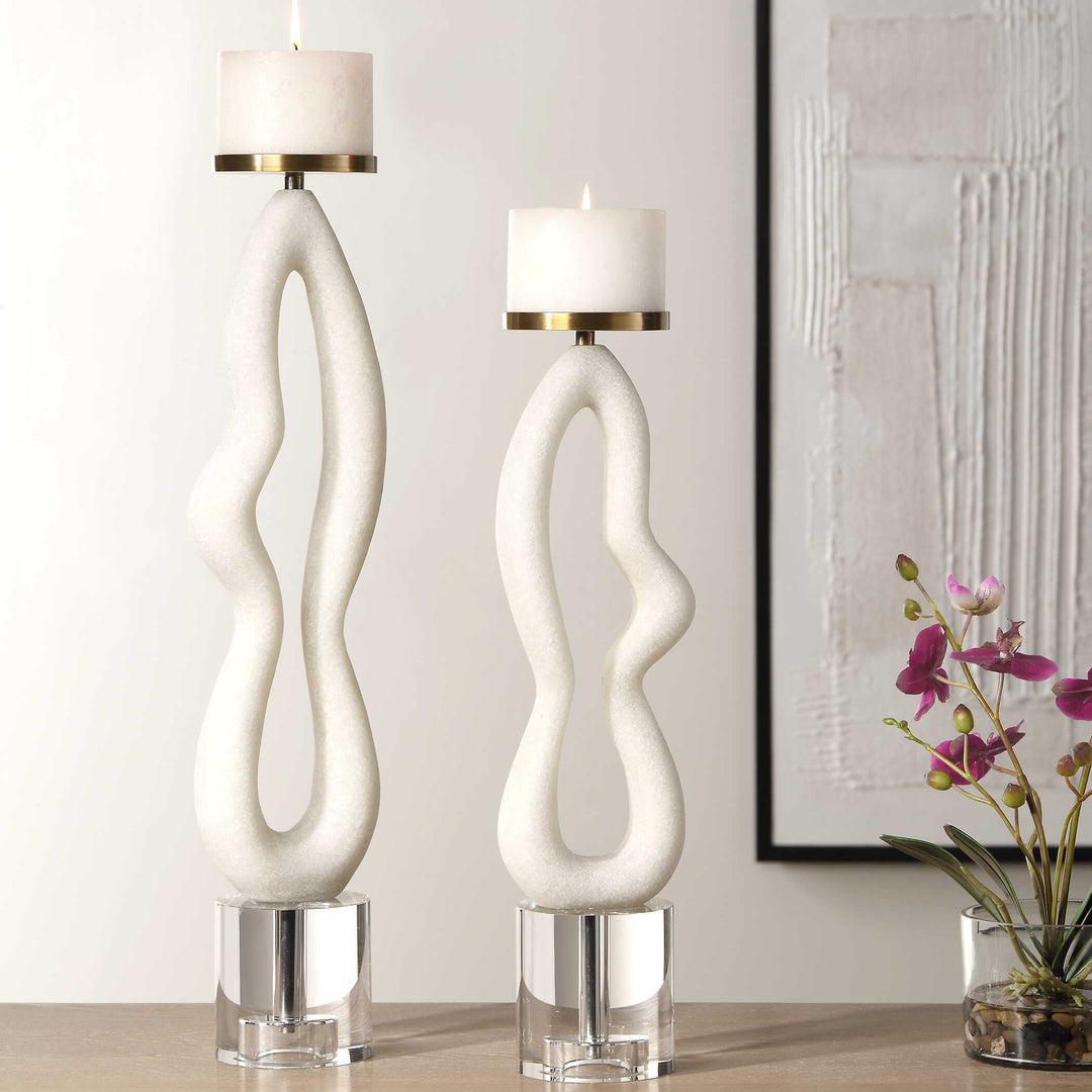 American Home Furniture Uttermost Feamelo Ivory Stone Candleholders, S/2