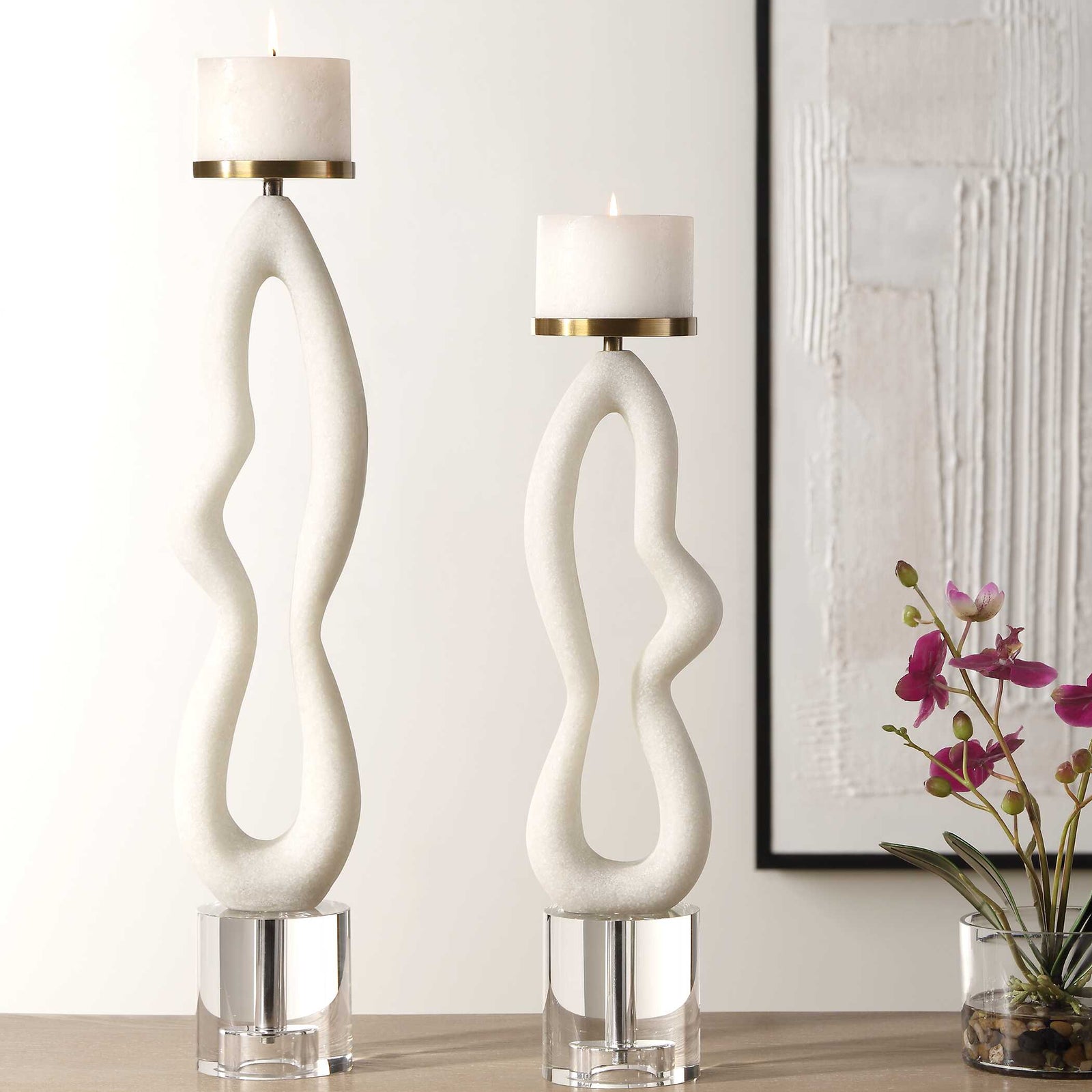 American Home Furniture Uttermost Feamelo Ivory Stone Candleholders, S/2
