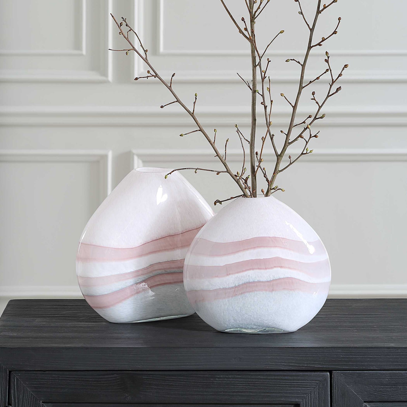 American Home Furniture Uttermost Blush Swirl Glass Vases, S/2