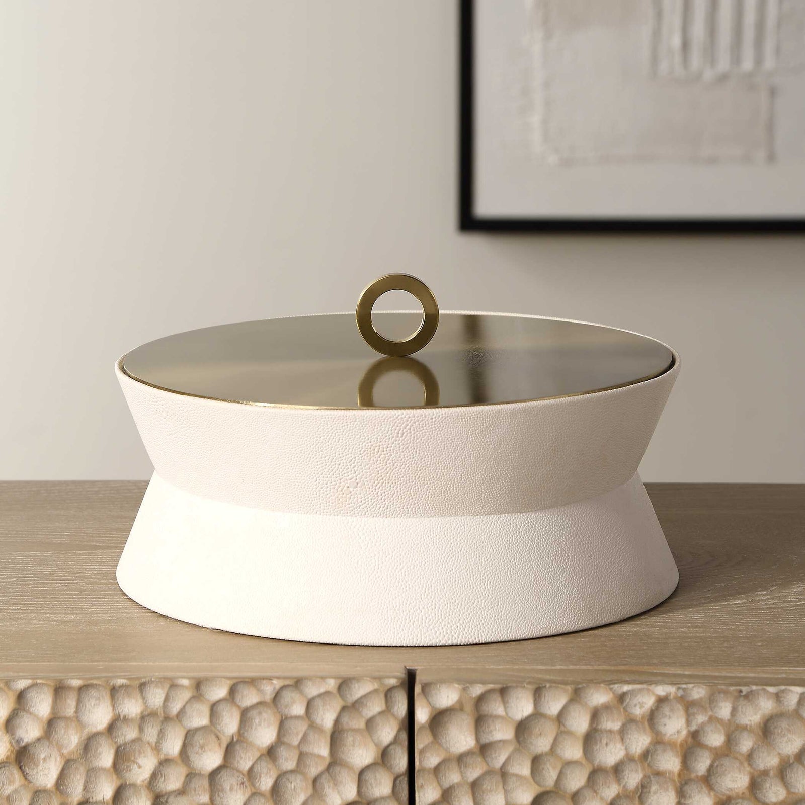 American Home Furniture Uttermost Luxe White Shagreen Round Box