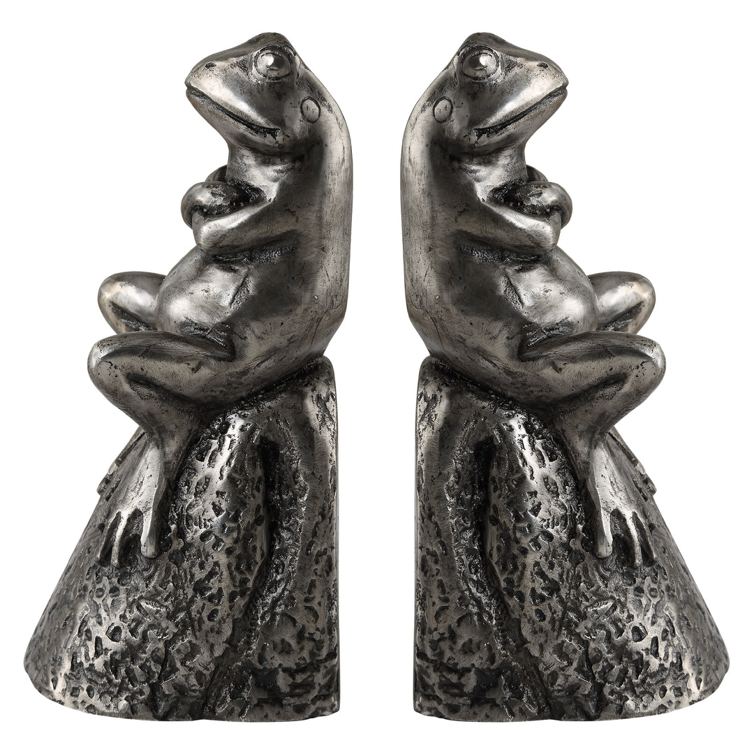 American Home Furniture | Uttermost - Daydreaming Frogs Aged Silver Bookends, S/2