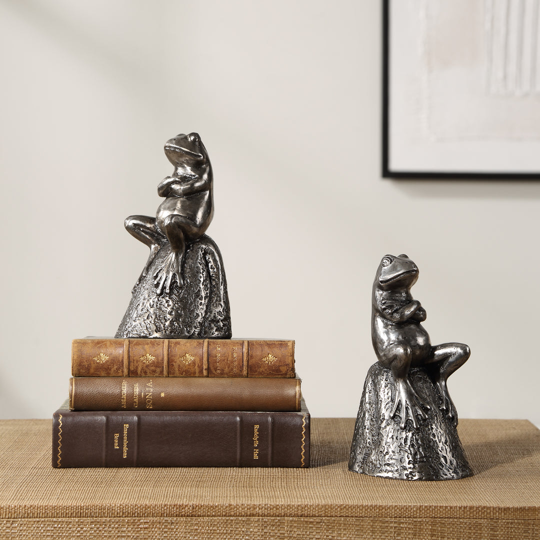 American Home Furniture | Uttermost - Daydreaming Frogs Aged Silver Bookends, S/2