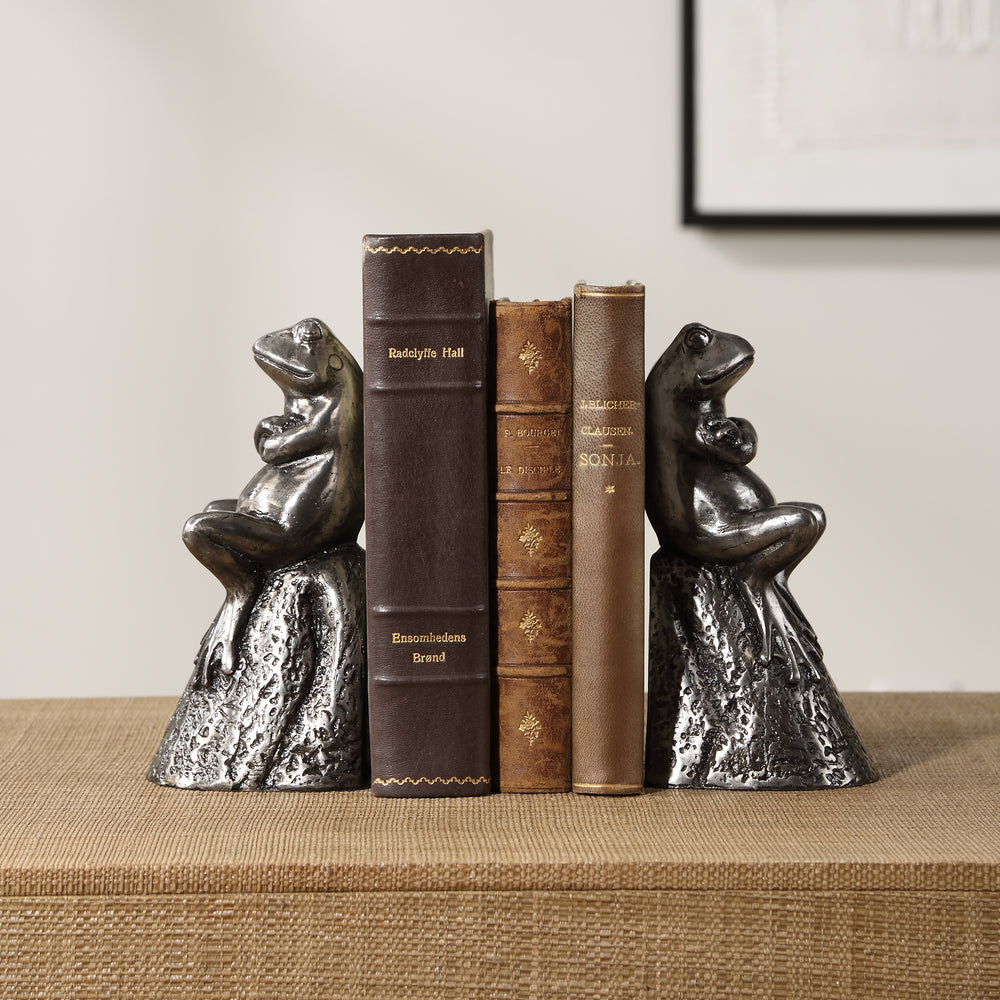 American Home Furniture | Uttermost - Daydreaming Frogs Aged Silver Bookends, S/2