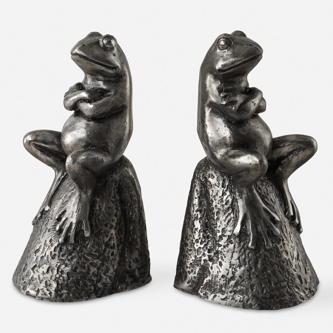 American Home Furniture | Uttermost - Daydreaming Frogs Aged Silver Bookends, S/2