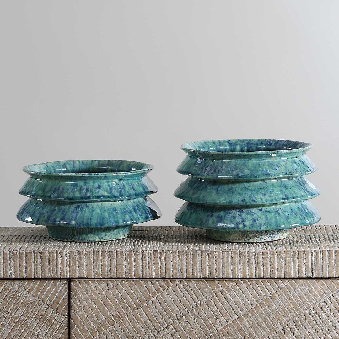 American Home Furniture Uttermost ZigZag Blue Green Bowls Set of 2
