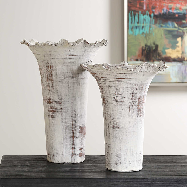 American Home Furniture Uttermost Ruffled Petal White Vases Set of 2