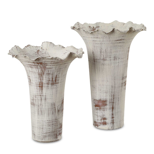 American Home Furniture Uttermost Ruffled Petal White Vases Set of 2