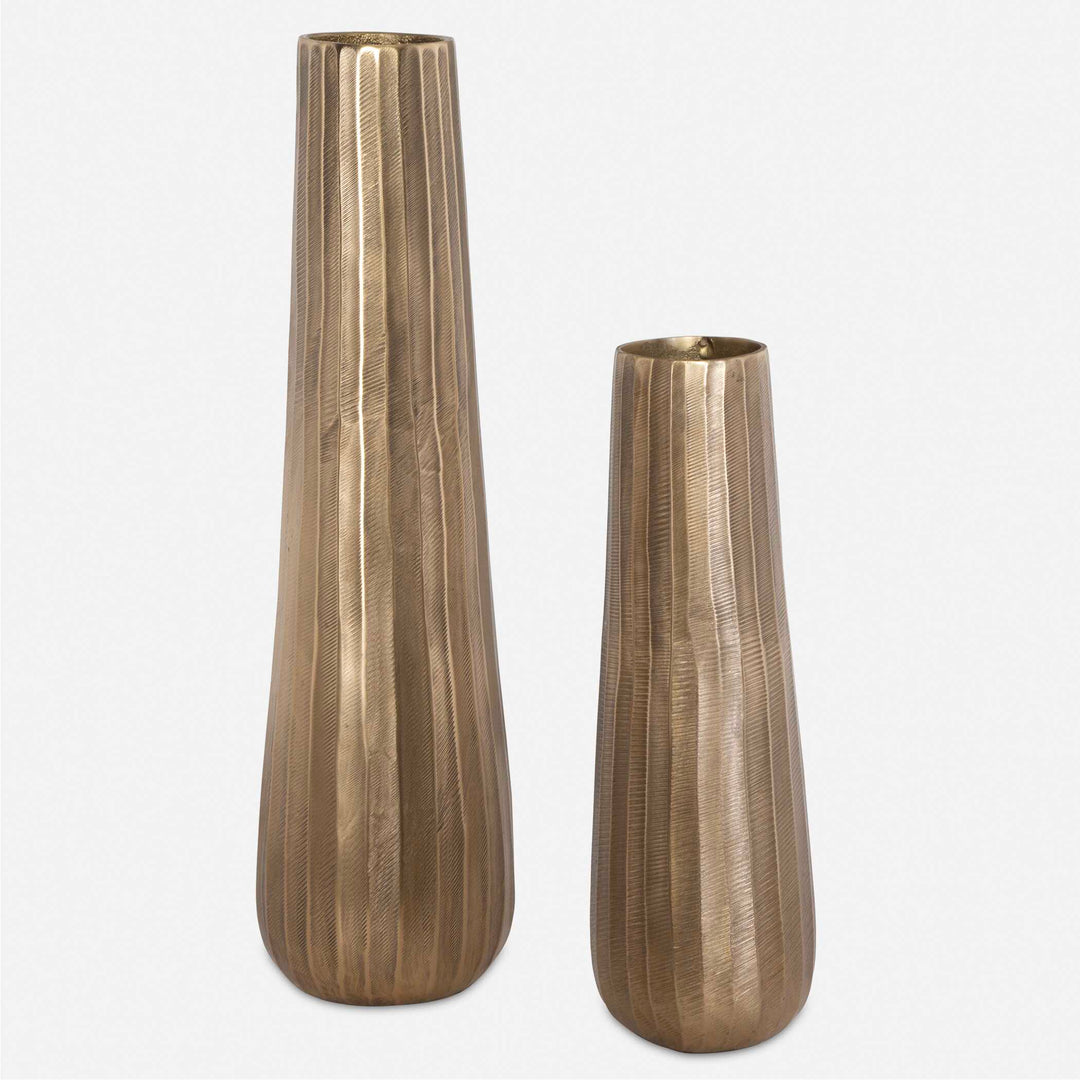 American Home Furniture Uttermost Vertiforge Antique Gold Vases Set of 2