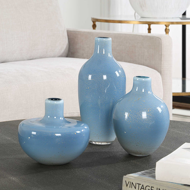 American Home Furniture Uttermost Celestial Frost Blue Vases Set of 3