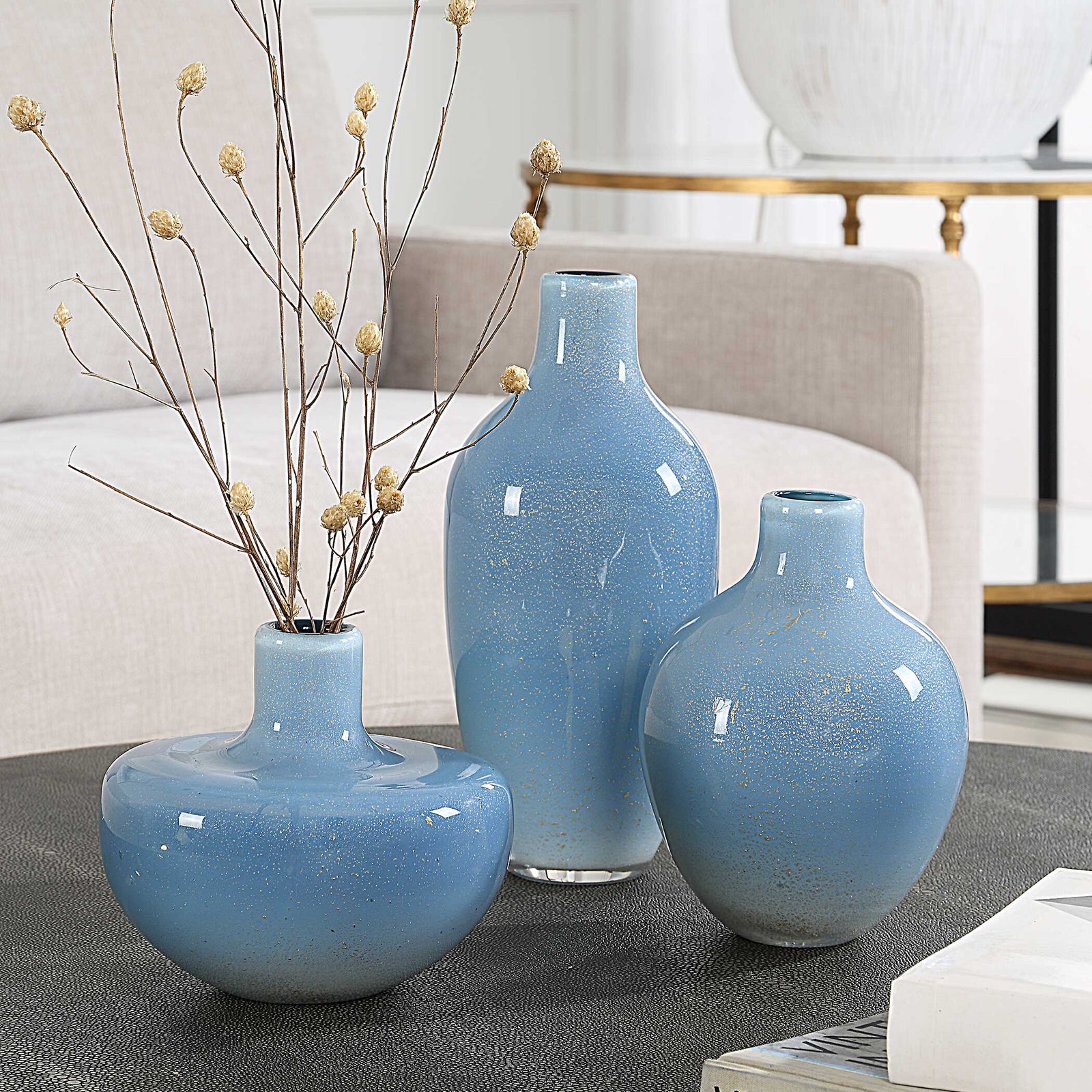 American Home Furniture Uttermost Celestial Frost Blue Vases Set of 3