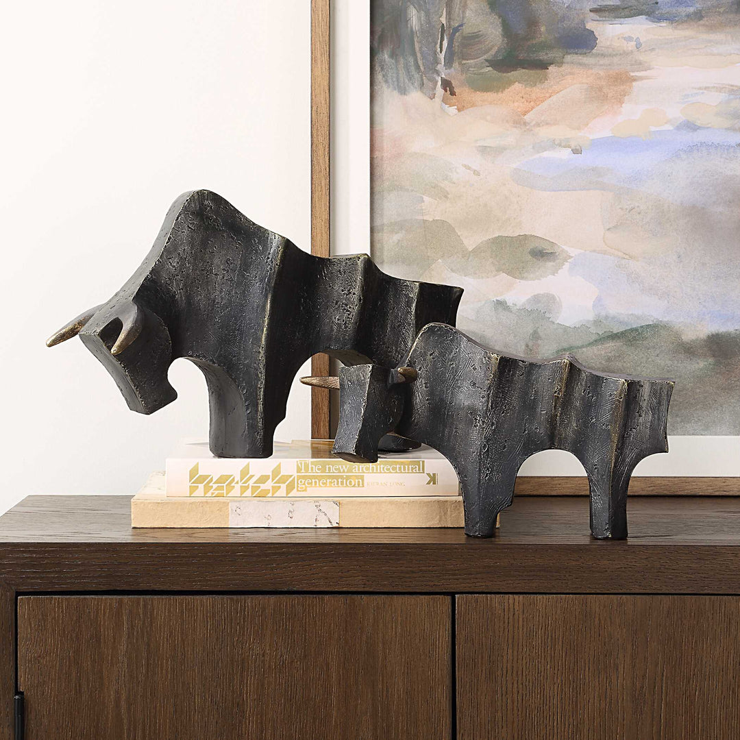 American Home Furniture Uttermost Regal Bull Bronze Sculptures Set of 2