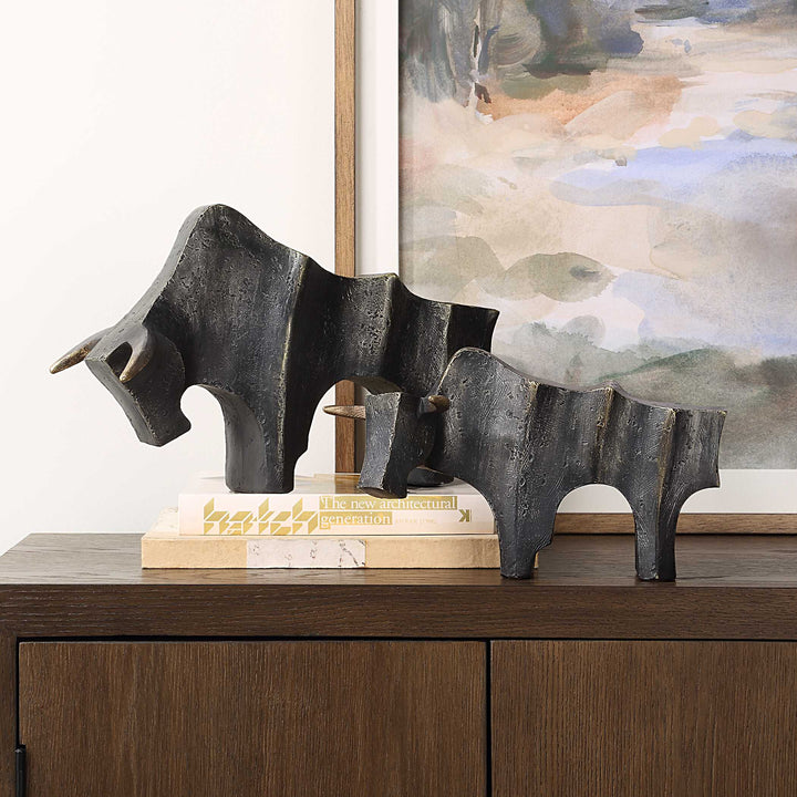 American Home Furniture Uttermost Regal Bull Bronze Sculptures Set of 2