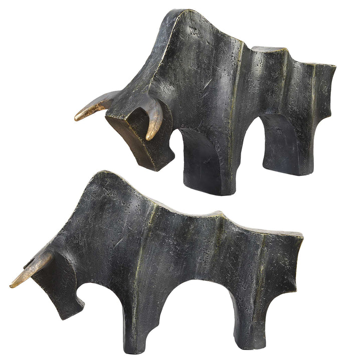 American Home Furniture Uttermost Regal Bull Bronze Sculptures Set of 2