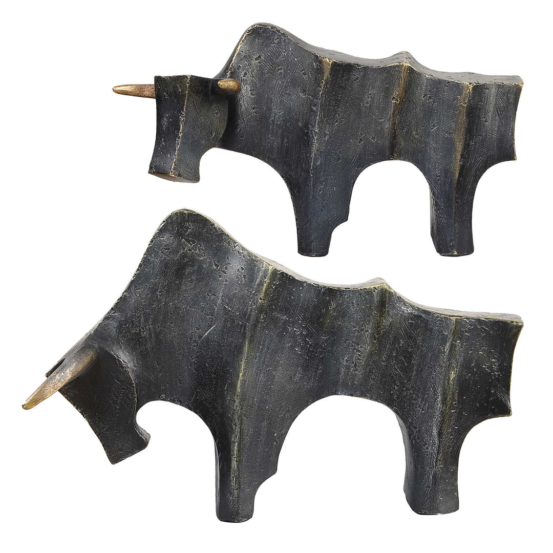 American Home Furniture Uttermost Regal Bull Bronze Sculptures Set of 2