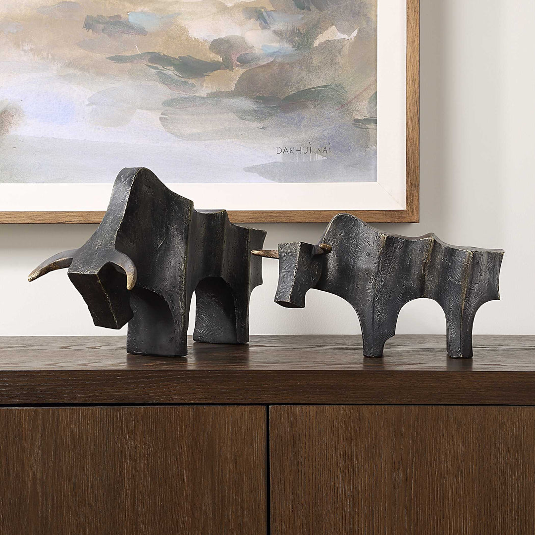 American Home Furniture Uttermost Regal Bull Bronze Sculptures Set of 2