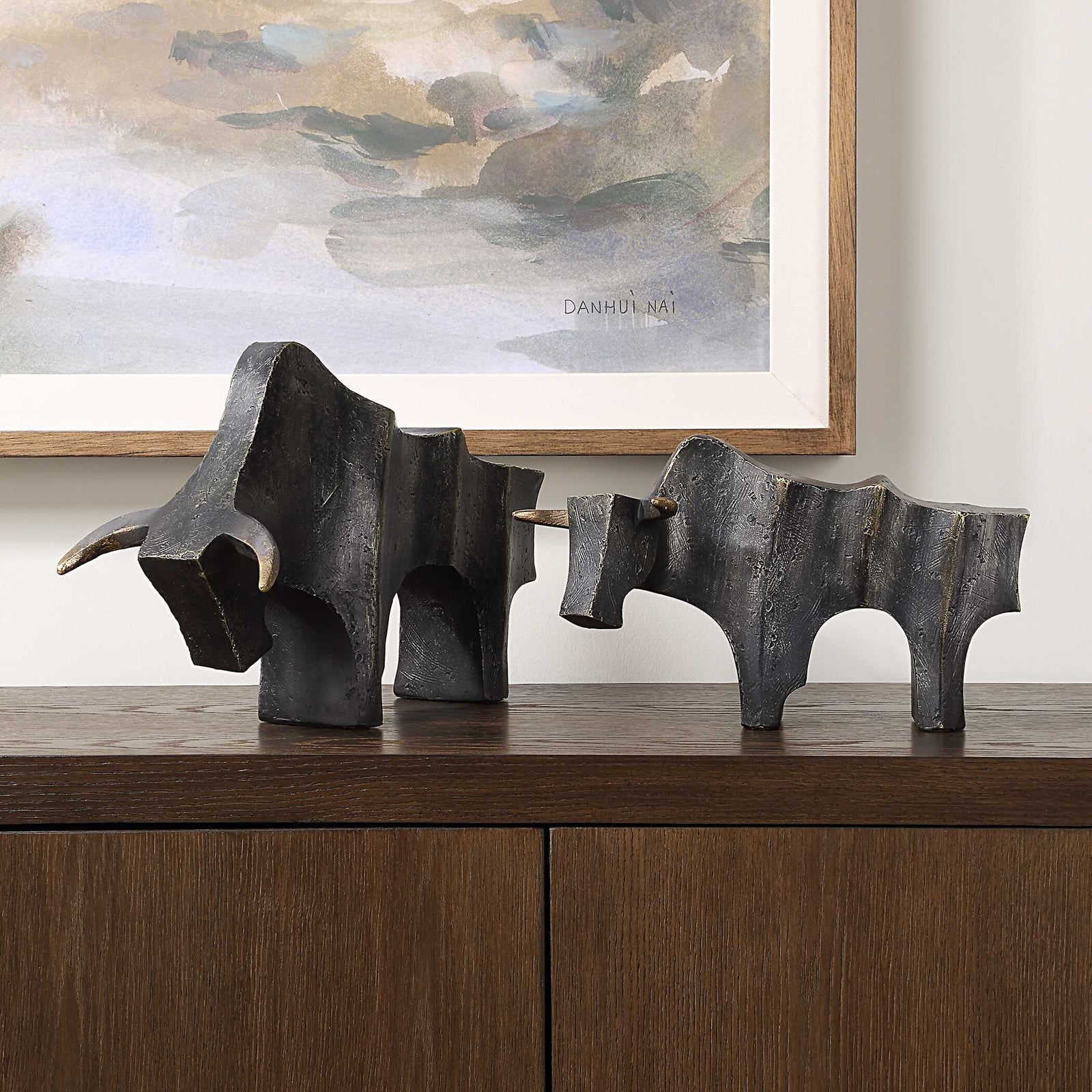 American Home Furniture Uttermost Regal Bull Bronze Sculptures Set of 2