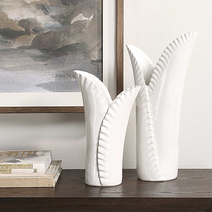 American Home Furniture Uttermost Leafscape White Vases Set of 2