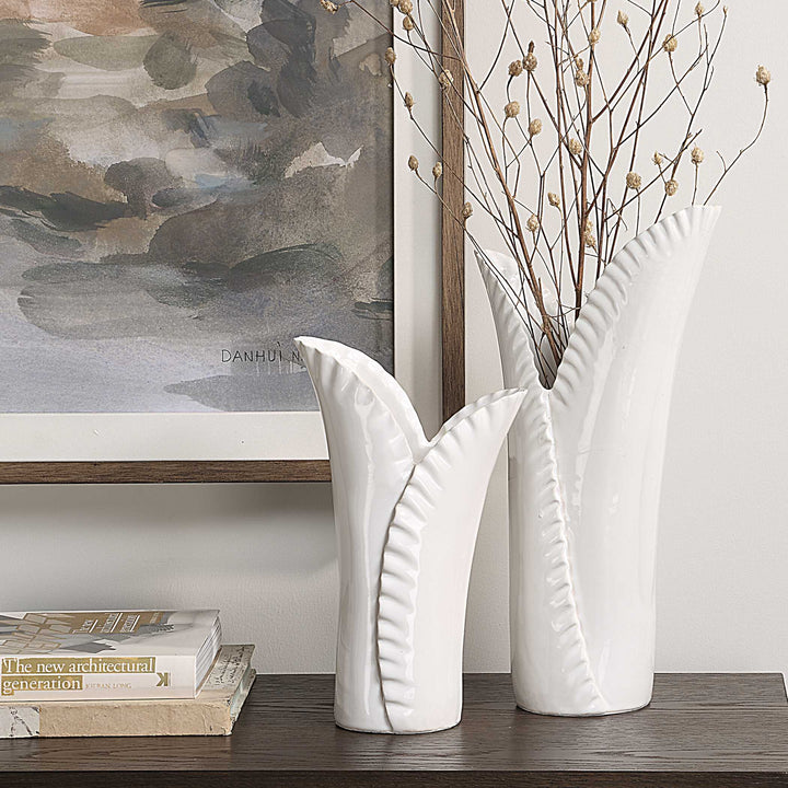 American Home Furniture Uttermost Leafscape White Vases Set of 2