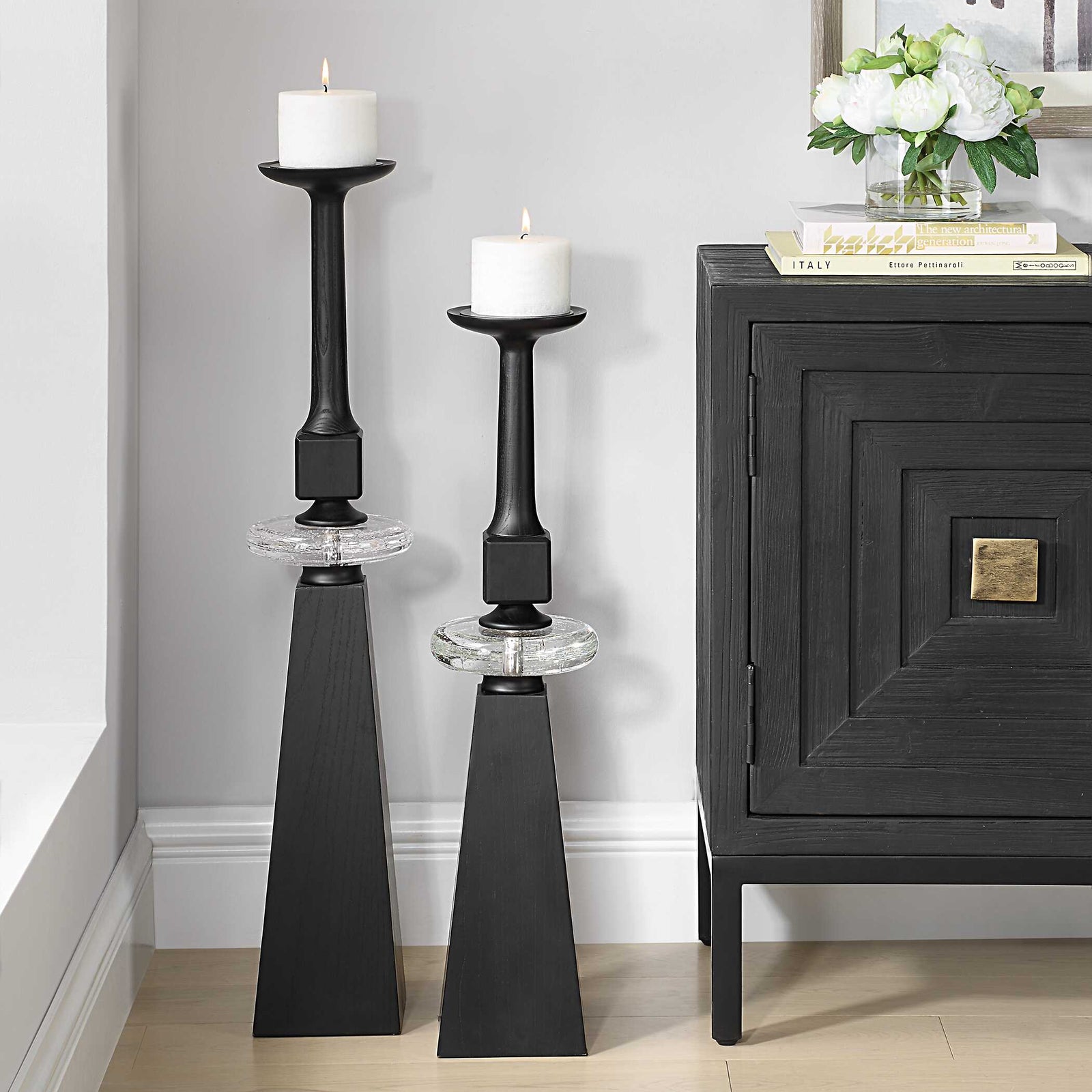American Home Furniture Uttermost Ebon Glow Floor Candleholders Set of 2